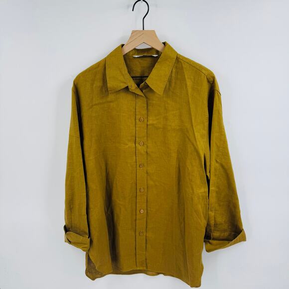 ZARA 100% Linen Button Front Shirt Mustard Yellow Long Sleeve Size XL - Picture 1 of 5
